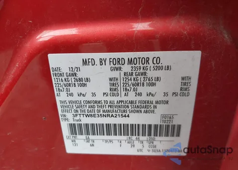 2022 Ford Maverick Lariat из США, поврежденный, VIN 3FTTW8E35NRA21544